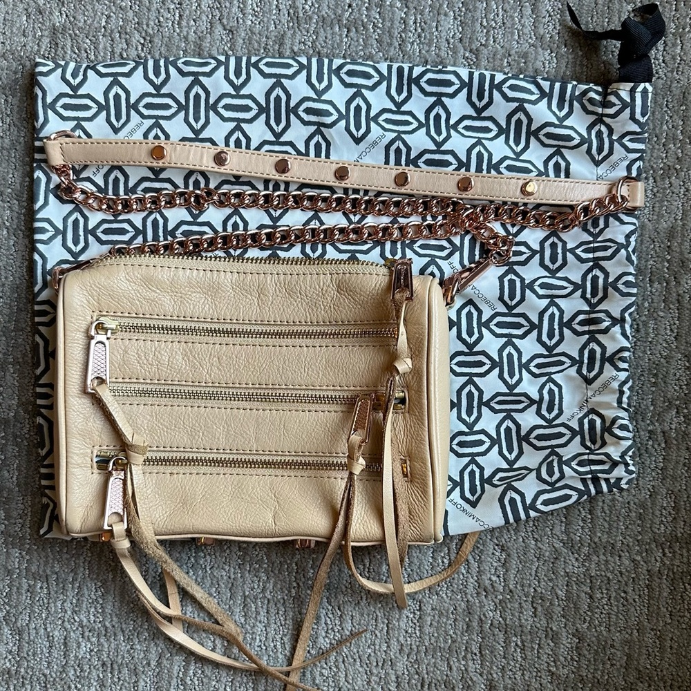Rebecca Minkoff Mini 5 Zip Rocker Leather Crossbody Bag - Beige, Rose Gold